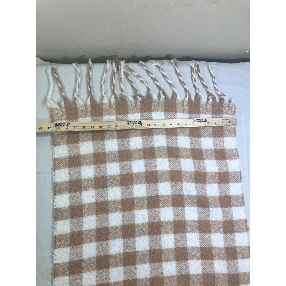 Aerie Tan White Gingham‎ Checkered Oversized Blanket Scarf with Fringe One Size